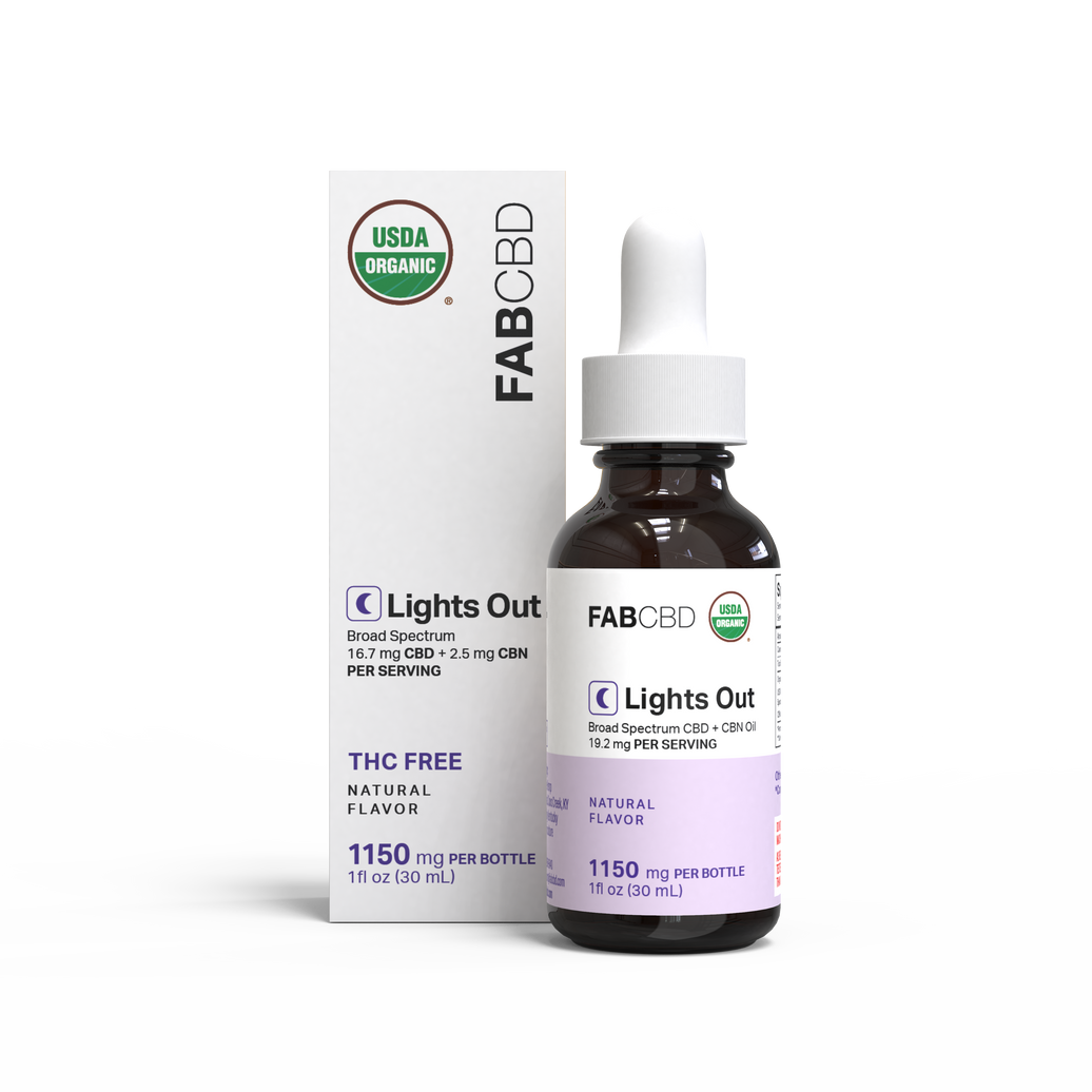 FAB CBD "Lights Out" tincture bottle and white box showing USDA Organic badge and THC-free label