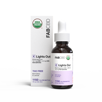 FAB CBD 'Lights Out' broad spectrum CBD + CBN oil, showing a white box with a green USDA Organic seal and lavender accent next to an amber glass dropper bottle with a white cap and lavender label, both displaying 'Broad Spectrum CBD + CBN Oil, 18.2 mg Per Serving, THC Free, Natural Flavor, 1150 mg Per Bottle, 1 fl oz (30 mL),' on a white background.