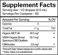 Supplement facts label for a CBD tincture showing 1/2 dropper (0.5ml) serving size with 60 servings per container, featuring Organic MCT Oil 451mg, USDA Organic Broad Spectrum CBD Distillate 16.7mg, and CBN Isolate 2.5mg per serving, with 5 calories per serving.