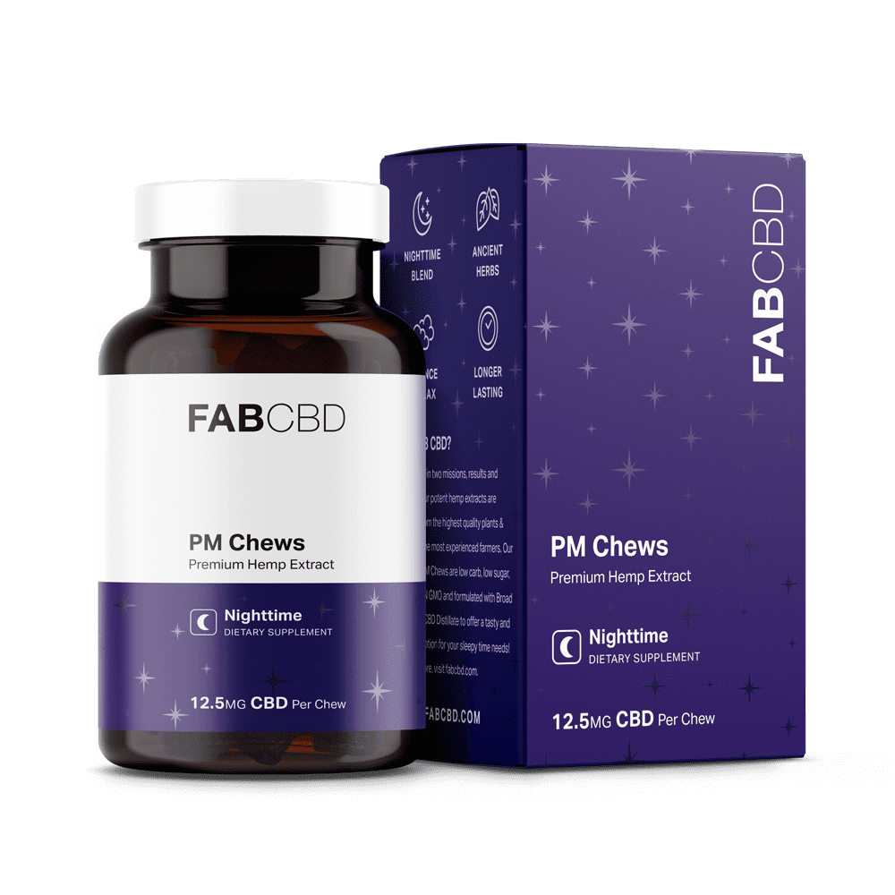 FAB CBD PM Chews bottle and purple box packaging with 12.5 mg CBD per chew, nighttime formula.