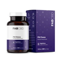 FAB CBD PM Chews bottle and purple box packaging with 12.5 mg CBD per chew, nighttime formula.