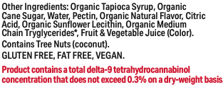 Close-up of the Delta 9 Gummies: 3-Pack label text on white background, showing ingredient list and red warning about delta-9 THC.