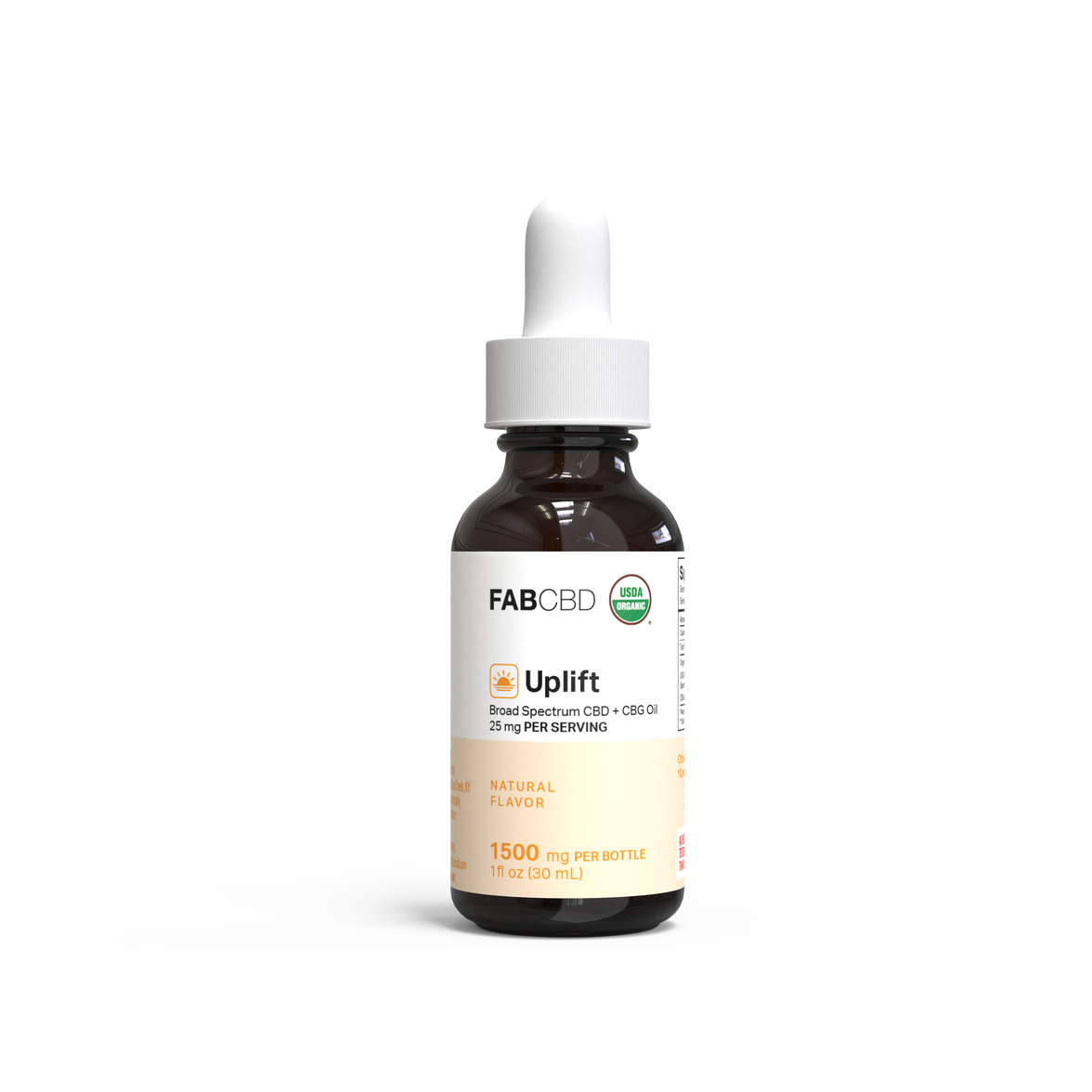 Brown glass dropper bottle of Uplift Broad Spectrum CBD oil with white label and white dropper cap, 1500mg natural variant.