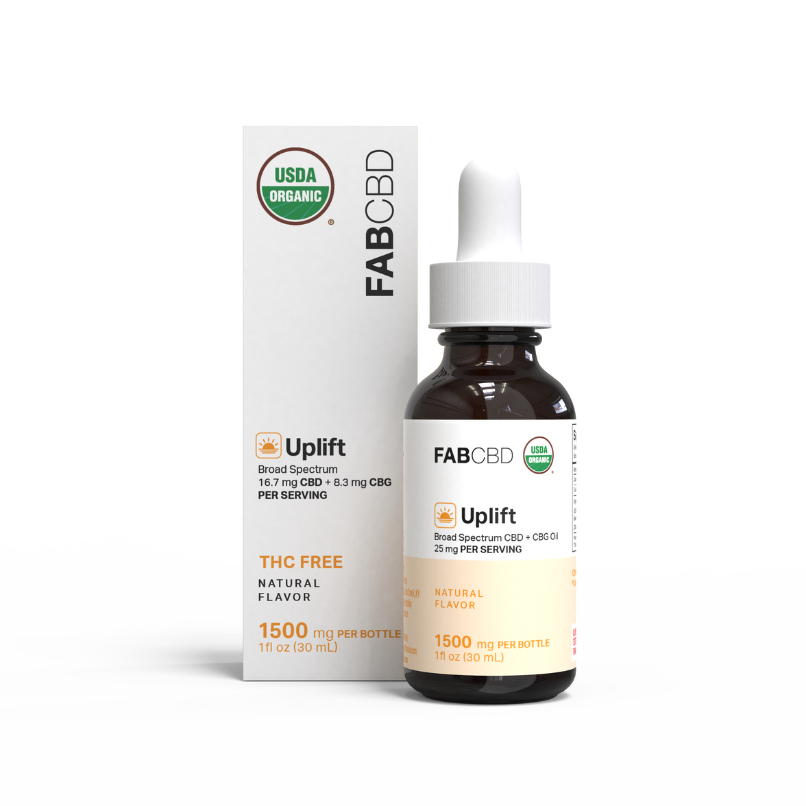 FabCBD Uplift Broad Spectrum CBD oil 1500mg in dark glass dropper bottle with white and orange label next to matching box.