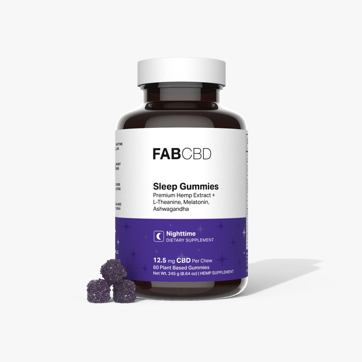 Front view of the FABCBD Sleep Gummies bottle with a white cap and purple label, shown with three sugar-coated purple gummies.