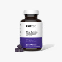 Front view of the FABCBD Sleep Gummies bottle with a white cap and purple label, shown with three sugar-coated purple gummies.