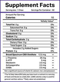 Close-up of the Supplement Facts label for Sleep Gummies, photographed straight-on with sharp black text on a white background showing serving size, calories, and ingredient amounts.