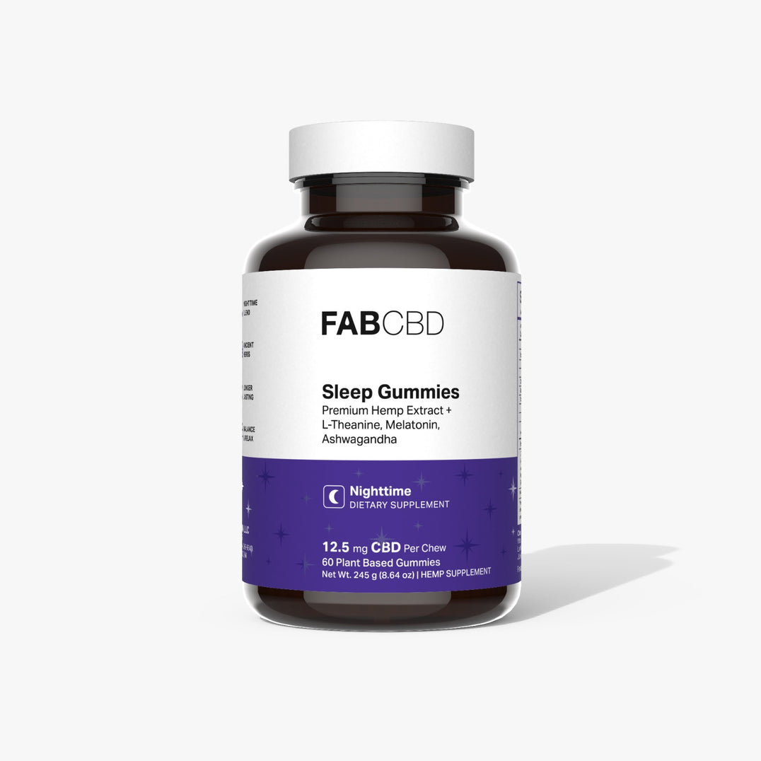 FABCBD Sleep Gummies brown bottle with white cap and purple label for nighttime CBD supplement