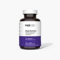 FABCBD Sleep Gummies brown bottle with white cap and purple label for nighttime CBD supplement