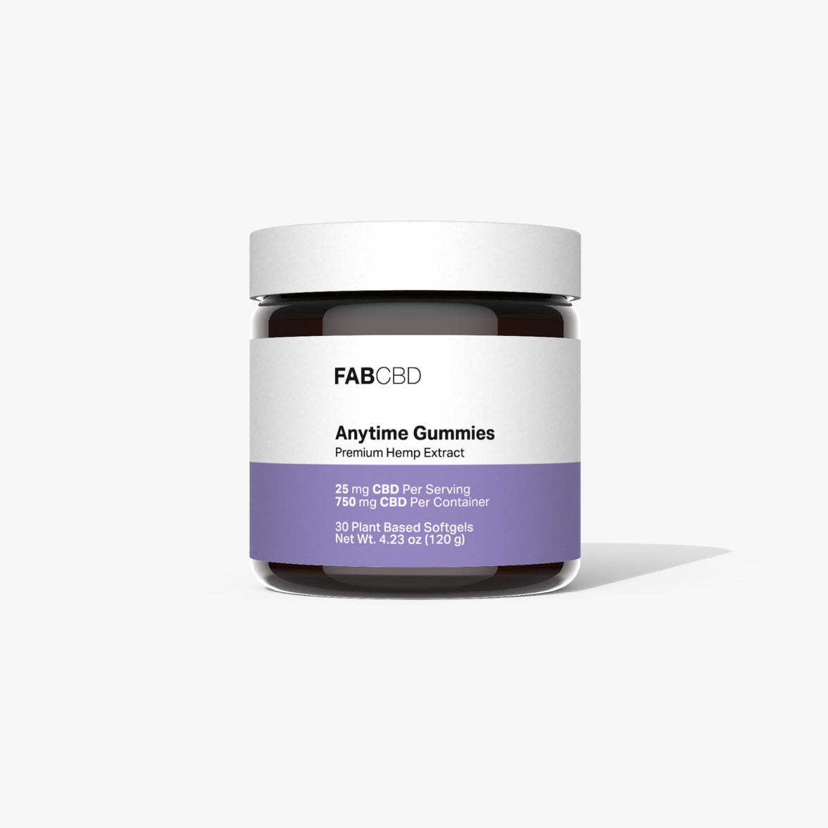 FAB CBD Anytime Gummies jar with white lid and purple label showing product name and CBD dosage information