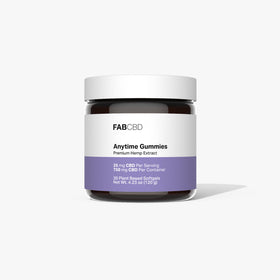 FAB CBD Anytime Gummies jar with white lid and purple label showing product name and CBD dosage information