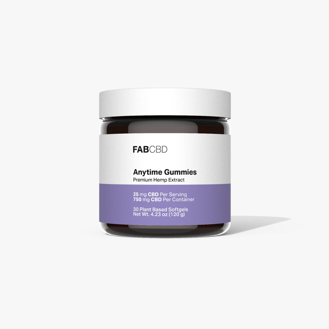 FAB CBD Anytime Gummies jar with white lid and purple label showing product name and CBD dosage information