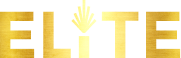 Gold foil word "ELITE" in bold uppercase with a stylized marijuana leaf replacing the dot above the "I" on a dark background
