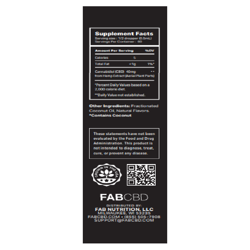 Tall vertical label shot showing the FAB CBD CBD Oil supplement facts, ingredients, QR code, and company logo on a black background.