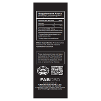 Tall vertical label shot showing the FAB CBD CBD Oil supplement facts, ingredients, QR code, and company logo on a black background.