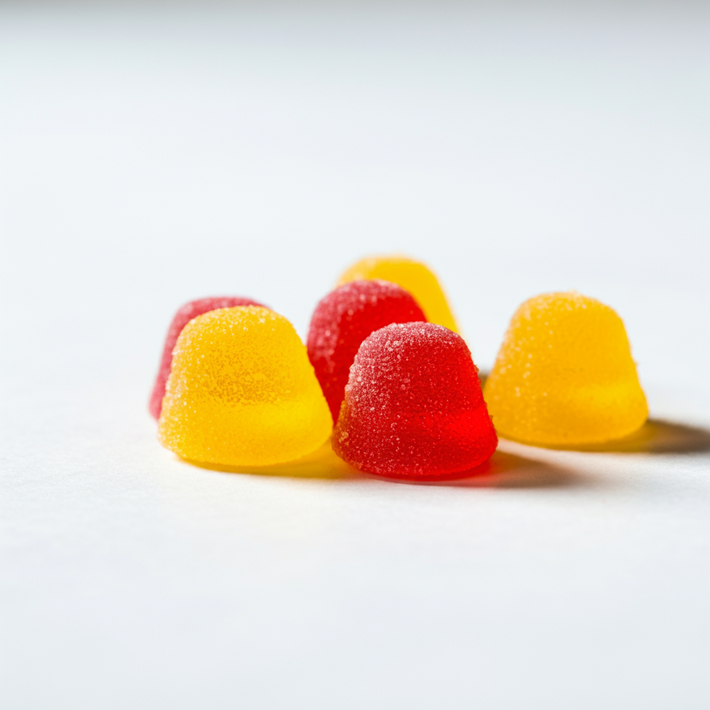 Red and yellow sugar-coated gummy candies arranged on a white surface.