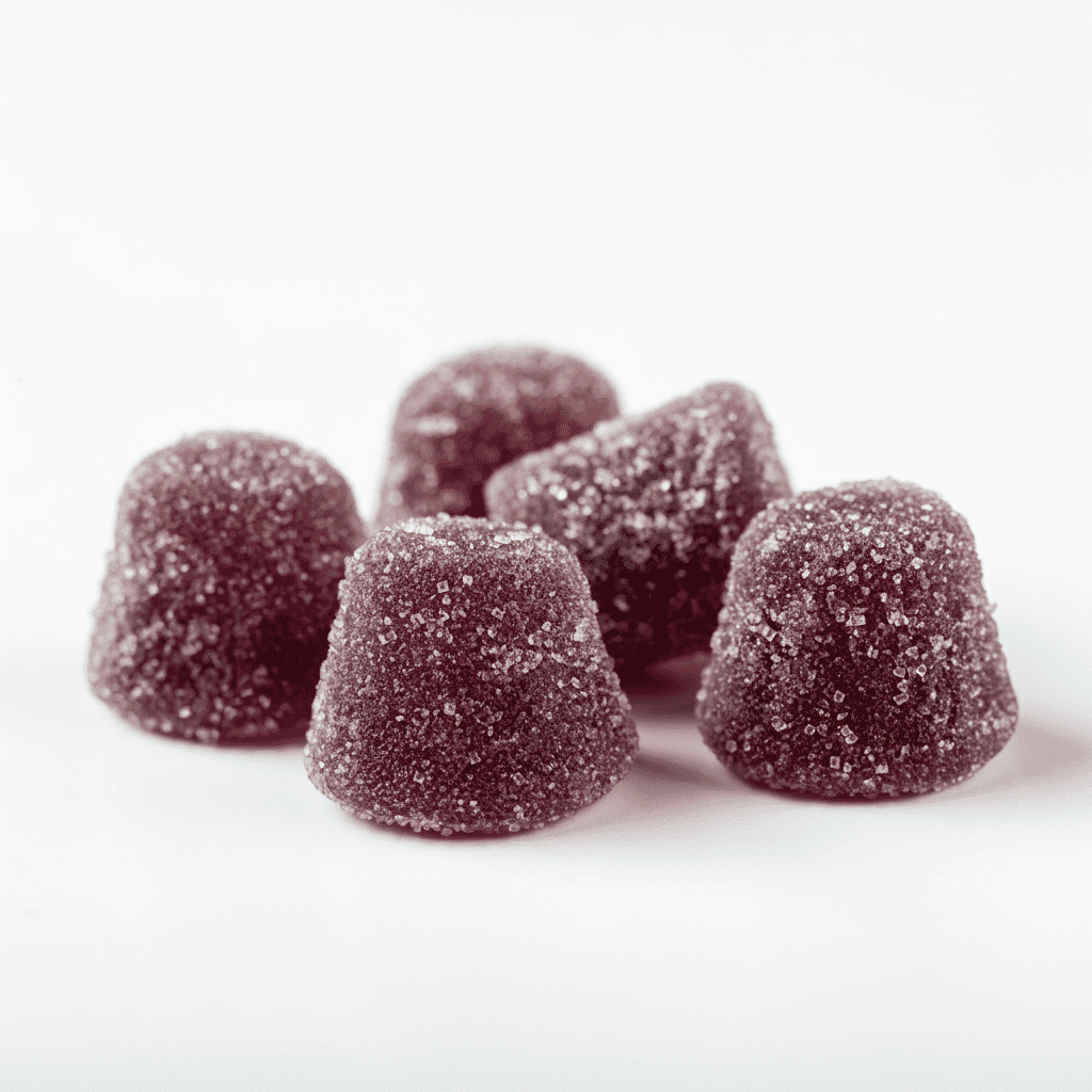 Sugary, dark purple gummy chews with a soft, slightly rounded shape on a white background.