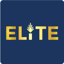 ELITE logo in bold gold metallic lettering on a navy blue square background, with the dot of the letter 'I' replaced by a glowing golden hand or palm icon with light rays radiating upward, representing a premium or elite membership tier.