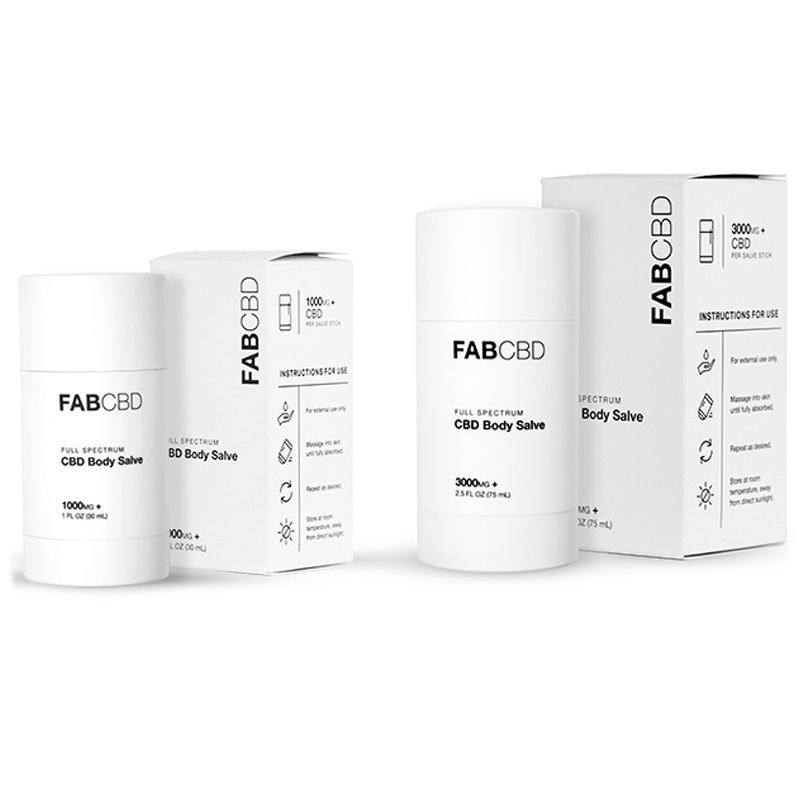 Studio-lit front view of two white FABCBD CBD Body Salve sticks with matching rectangular boxes on a white background.