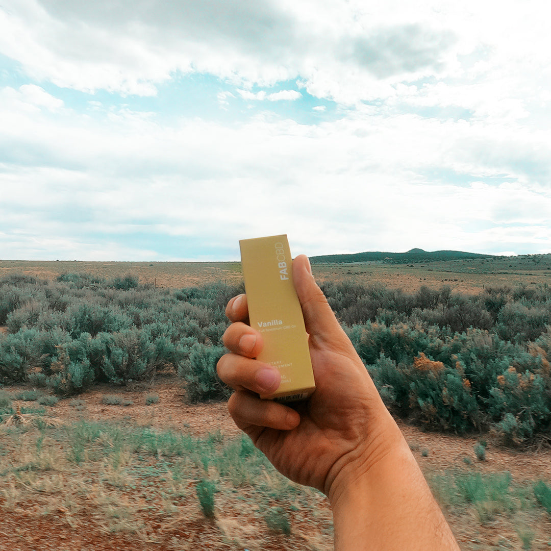 A hand holds a small gold box of CBD Oil against a wide, low shrubland under a bright, partly cloudy sky.