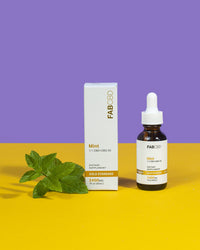 An amber dropper bottle and white packaging box of FAB CBD Mint 1:1 CBD+CBG Oil dietary supplement standing upright on a bright yellow surface against a purple background. Both items feature a gold "Gold Standard" banner and specify product details including 2400MG potency and 1 fl oz (30mL) volume. A fresh sprig of green mint sits on the surface to the left of the box.