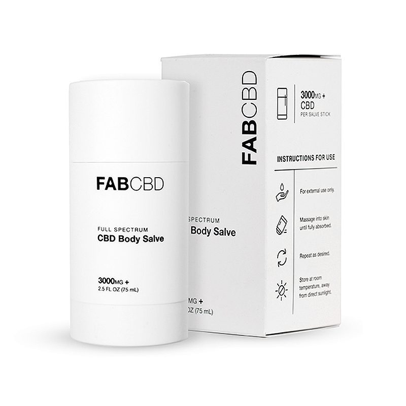 Front three-quarter view of the FABCBD CBD Body Salve stick and its matching white box on a white background.