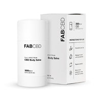 Front three-quarter view of the FABCBD CBD Body Salve stick and its matching white box on a white background.