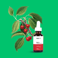 Front-facing FABCBD CBD Oil bottle labeled "Berry" with a white dropper beside illustrated cherry branch on green background
