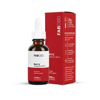 Front view of the FABCBD CBD Oil bottle and matching red box, the amber dropper bottle labeled "Berry" against a white background.