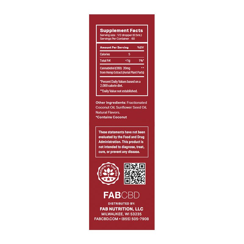 Tall, centered label photo showing the red FABCBD CBD Oil supplement facts panel, ingredients, QR code, and brand block.