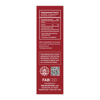 Tall, centered label photo showing the red FABCBD CBD Oil supplement facts panel, ingredients, QR code, and brand block.