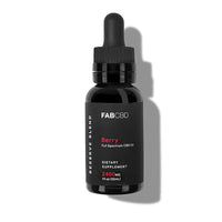 Front-lit, top-down view of a black dropper bottle labeled FAB CBD CBD Oil with "Berry" and dosage text, casting a soft shadow to the right.
