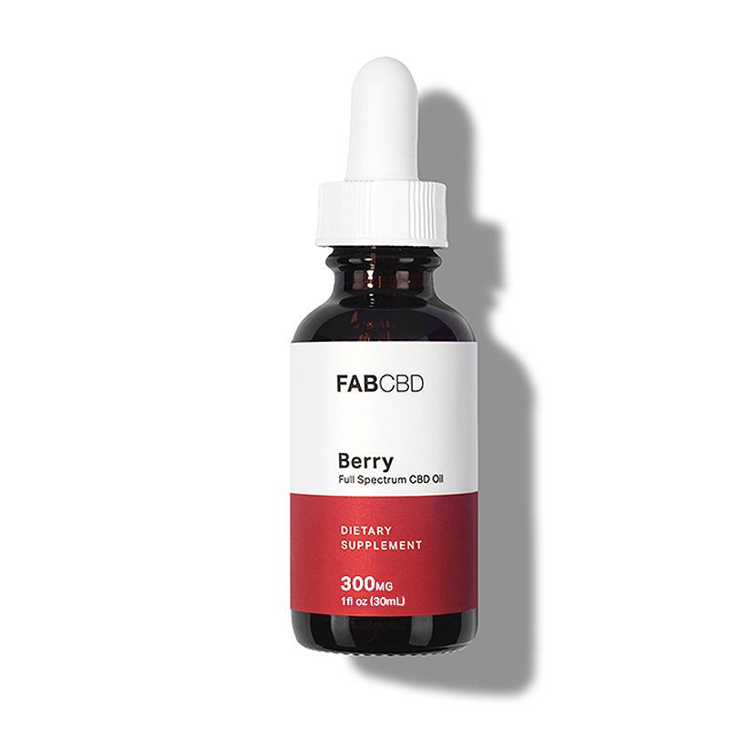 Centered front view of a FAB CBD CBD Oil dropper bottle labeled "Berry" casting a soft shadow on a white background
