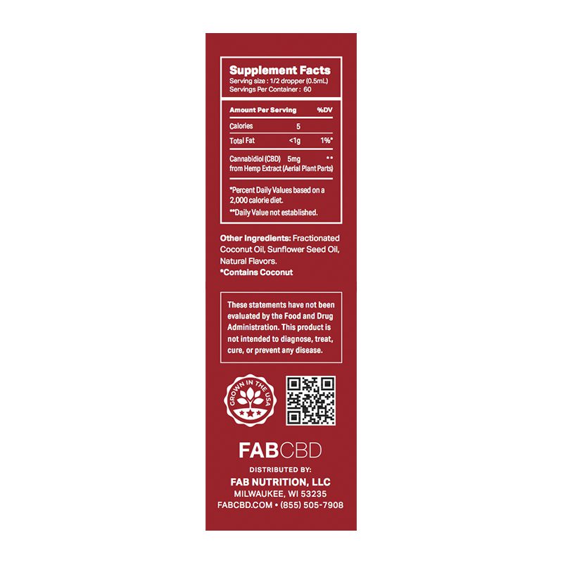 Vertical close-up of the red product label showing supplement facts and ingredients for CBD Oil by FABCBD.