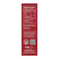 Vertical close-up of the red product label showing supplement facts and ingredients for CBD Oil by FABCBD.