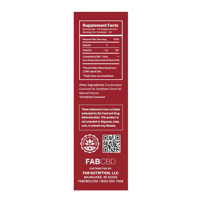 Vertical close-up of the red label showing the Supplement Facts and ingredients for CBD Oil by FABCBD with brand logo and QR code at the bottom.