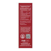 Vertical close-up of the red label showing the Supplement Facts and ingredients for CBD Oil by FABCBD with brand logo and QR code at the bottom.