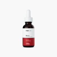Center-front view of the FAB CBD CBD Oil bottle with a white dropper cap and a red-and-white label reading "Berry" on a plain white background.