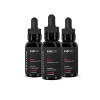 Three front-facing black dropper bottles of FABCBD CBD Oil with "Berry" labels, arranged close together on a white background.