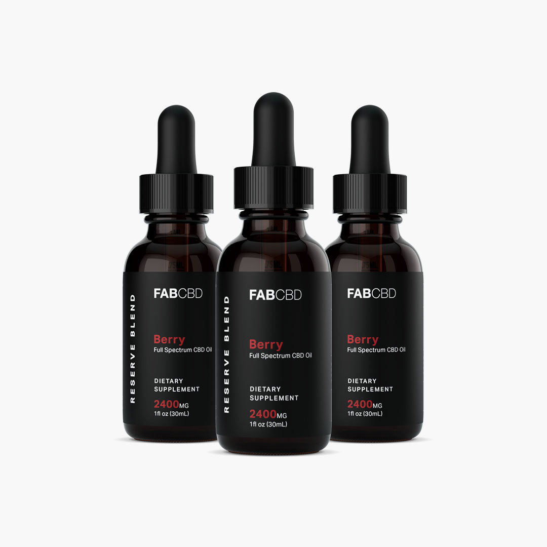 Front view of three FABCBD CBD Oil dropper bottles labeled "Berry" in a row against a white background.