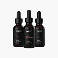 Front view of three FABCBD CBD Oil dropper bottles labeled "Berry" in a row against a white background.