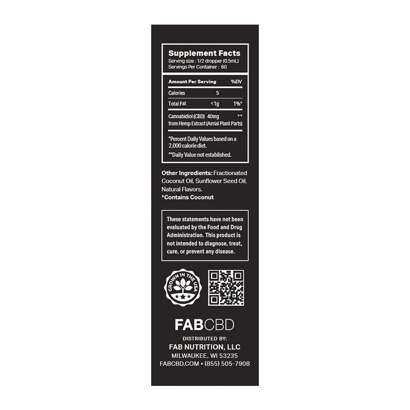 Tall black label shot showing supplement facts and company info for CBD Oil with FABCBD branding at the bottom.