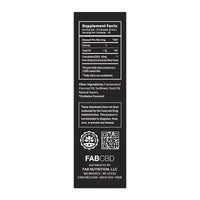 Tall black label shot showing supplement facts and company info for CBD Oil with FABCBD branding at the bottom.