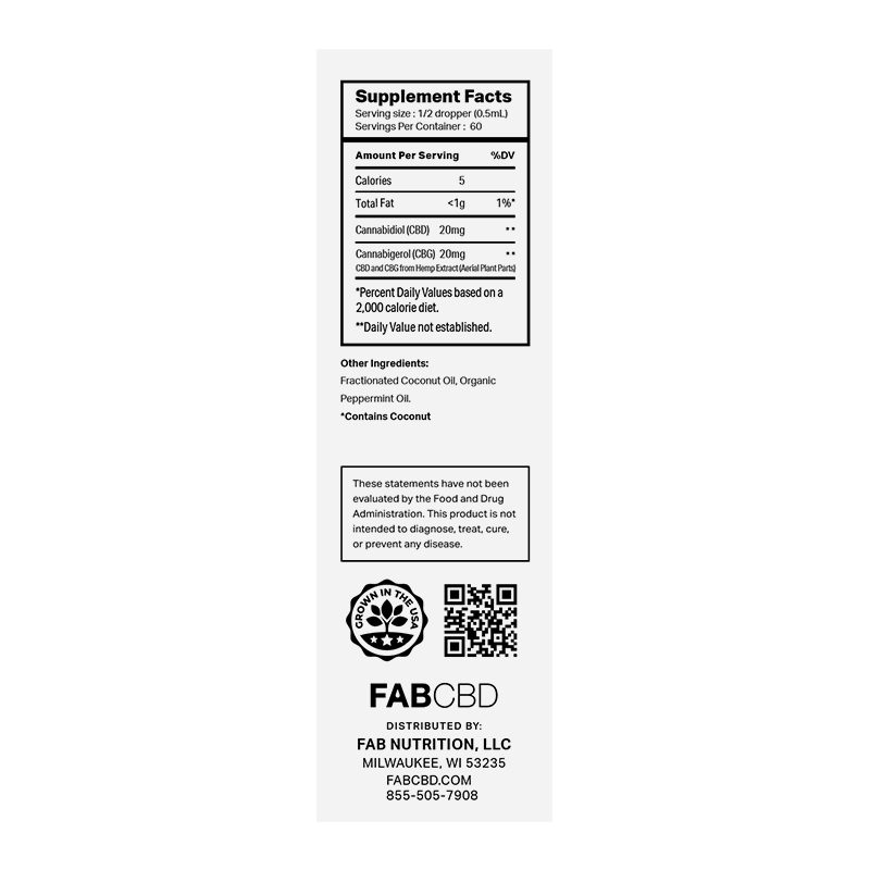 Supplement facts label for a FABCBD tincture showing 1/2 dropper (0.5ml) serving size with 60 servings per container, featuring Cannabidiol (CBD) 20mg and Cannabigerol (CBG) 20mg per serving, with other ingredients including Fractionated Coconut Oil and Organic Peppermint Oil, distributed by FAB Nutrition LLC, Milwaukee, WI.