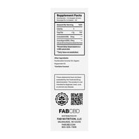 Supplement facts label for a FABCBD tincture showing 1/2 dropper (0.5ml) serving size with 60 servings per container, featuring Cannabidiol (CBD) 20mg and Cannabigerol (CBG) 20mg per serving, with other ingredients including Fractionated Coconut Oil and Organic Peppermint Oil, distributed by FAB Nutrition LLC, Milwaukee, WI.