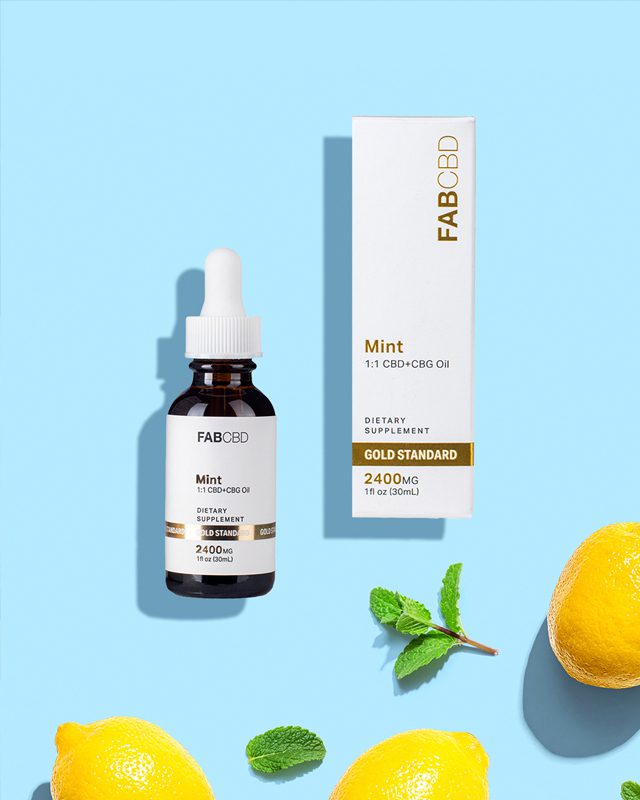 A top-down flat lay product photograph featuring an amber dropper bottle and its corresponding white packaging box for FAB CBD Mint 1:1 CBD+CBG Oil (2400MG, 1 fl oz). The items cast soft shadows against a solid light blue background, accented by fresh ingredients scattered around the bottom edges, including a small sprig of green mint, a loose mint leaf, and bright yellow lemon pieces.