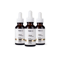Three amber dropper bottles of FAB CBD Citrus 1:1 CBD+CBG Oil dietary supplement standing side by side in a row. Each bottle features a white label with a gold "Gold Standard" banner displaying product specifications, including a potency of 2400MG and a volume of 1 fl oz (30mL), set against a pure white background.