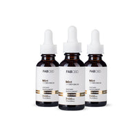 Three amber dropper bottles of FAB CBD Mint 1:1 CBD+CBG Oil dietary supplement standing side by side in a row. Each bottle features a white label with a gold "Gold Standard" banner displaying product specifications, including a potency of 2400MG and a volume of 1 fl oz (30mL), set against a pure white background.