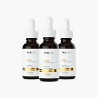 Three amber dropper bottles of FAB CBD Mint 1:1 CBD+CBG Oil dietary supplement standing side by side in a row. Each bottle features a white label with a gold "Gold Standard" banner displaying product specifications, including a potency of 2400MG and a volume of 1 fl oz (30mL), set against a pure white background.