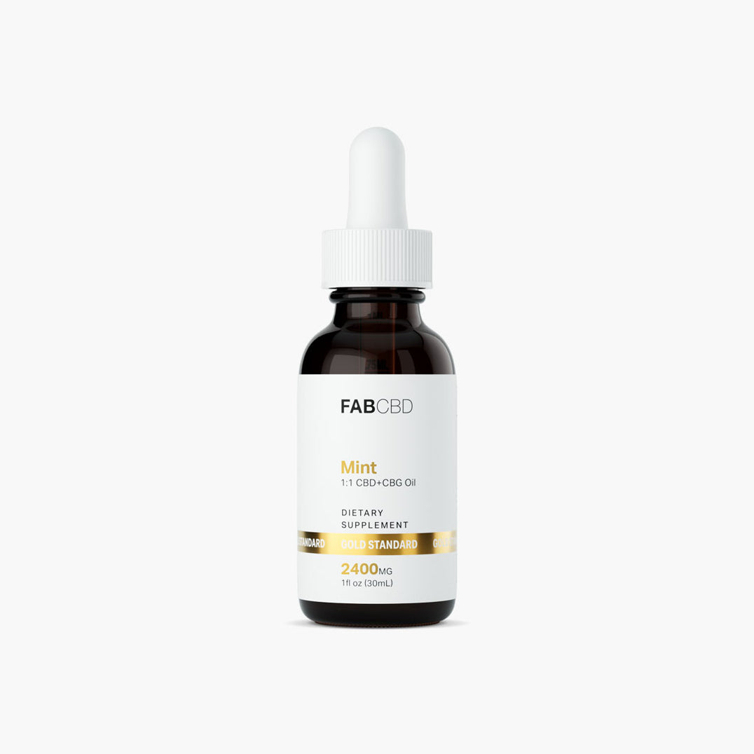 Centered front view of the FABCBD CBG Oil amber dropper bottle with a white label and gold accent on a white background